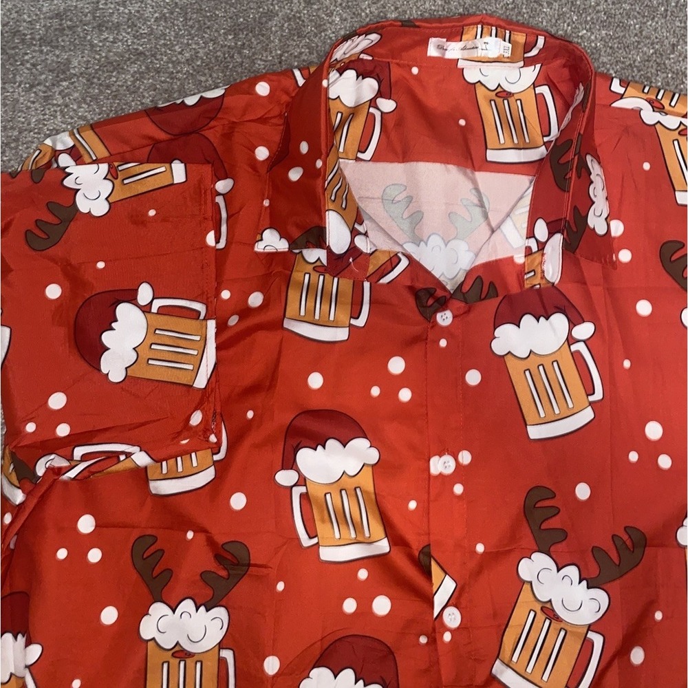Santa With Beer Mug Reindeer Mens 3XLT Polo Shirt Christmas Snow Flakes Red